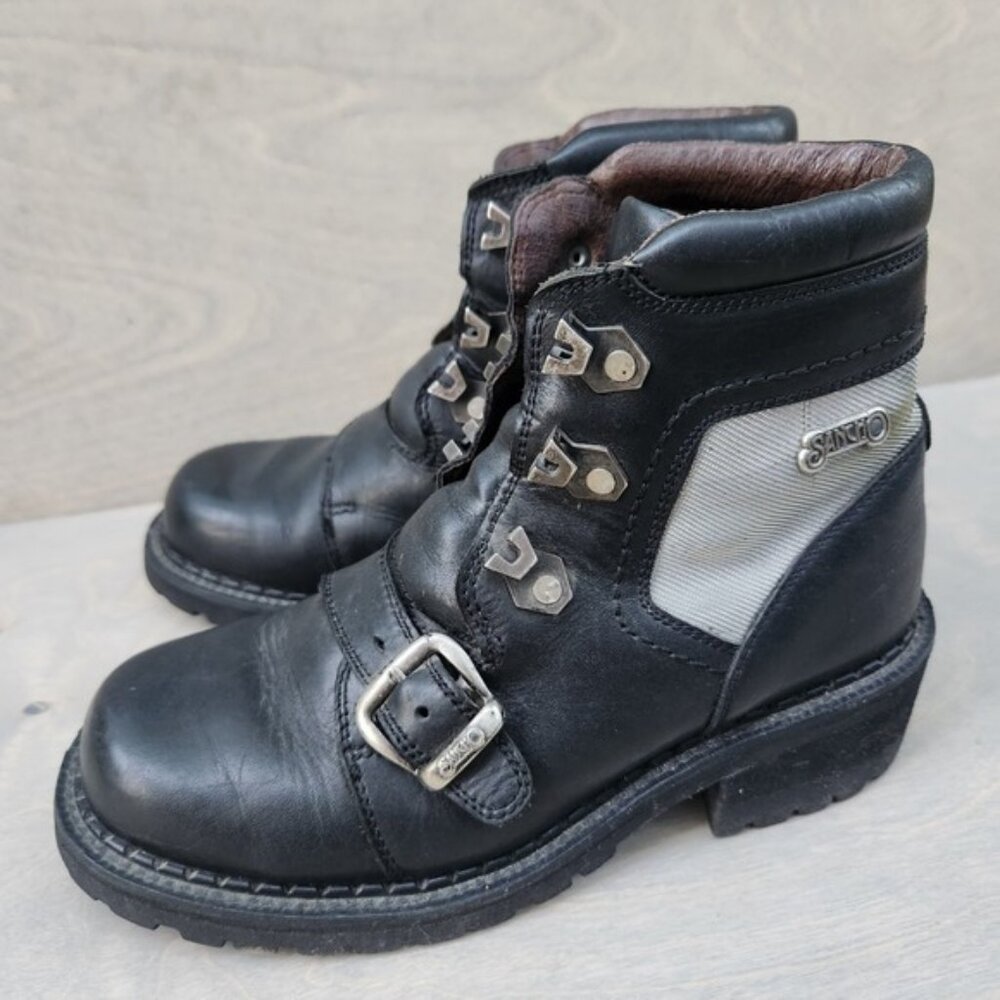 Sancho Boots Black Leather Biker Ankle Moto Booties Silver Accent Hardware 39